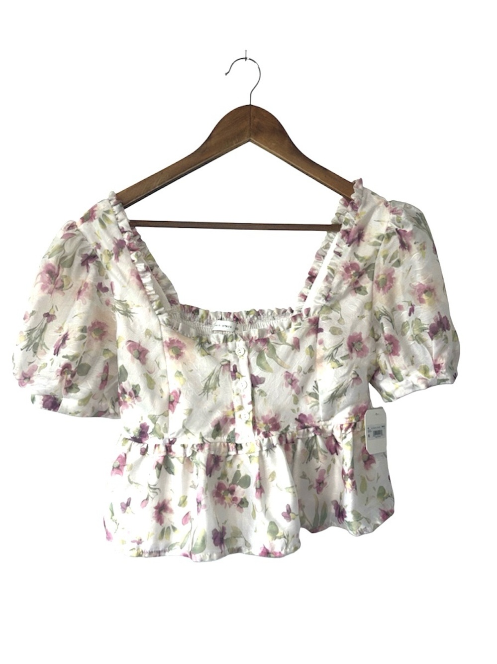 NEW Altar’d State Floral Ivory Puff Sleeve Crop Top Shirt Girly Summer Size XL